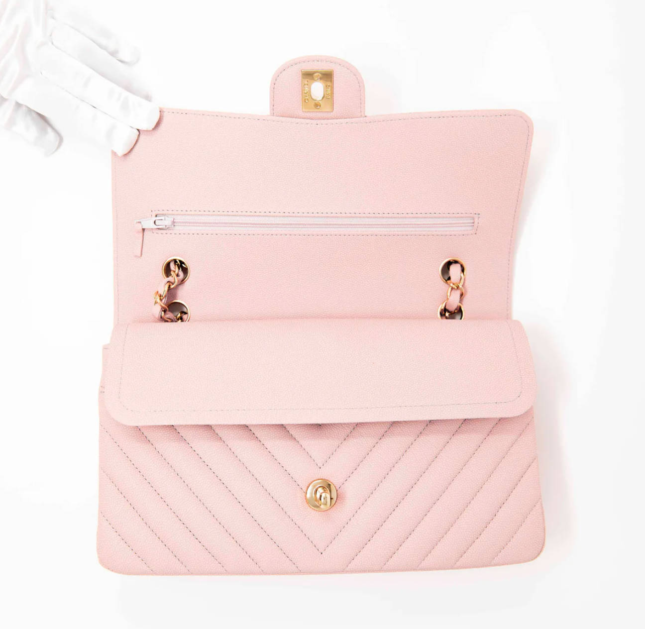 CHANEL PINK CHEVRON Classic Flap Handbag 