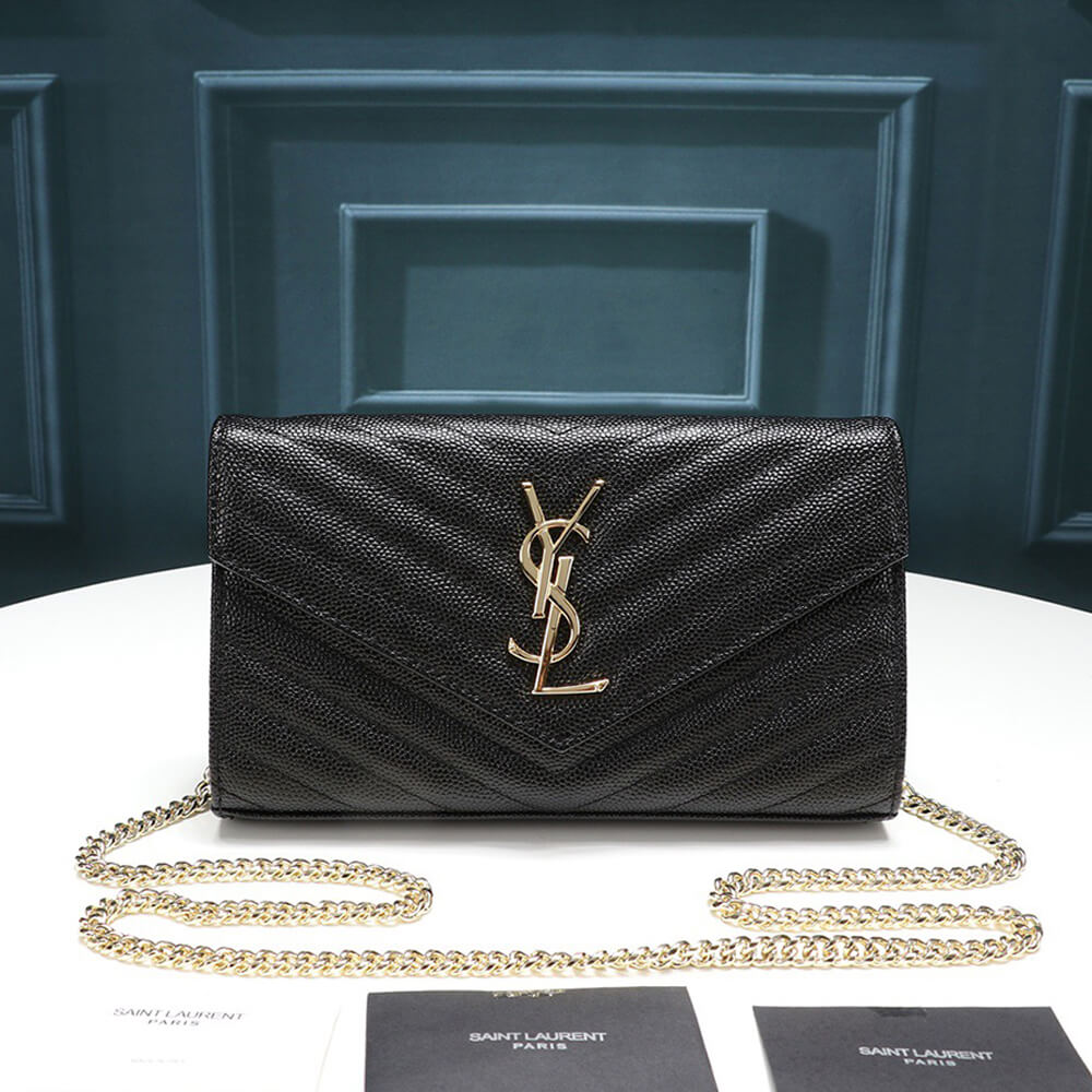 Saint Laurent Chain-strap YSL-plaque grained-leather wallet 