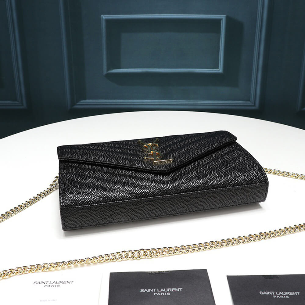 Saint Laurent Chain-strap YSL-plaque grained-leather wallet 